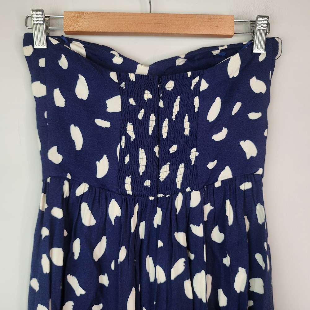 Reformation Aymeline Strapless Midi Dress Women's 2 Navy Blue White Abstract Dot - Picture 6 of 8